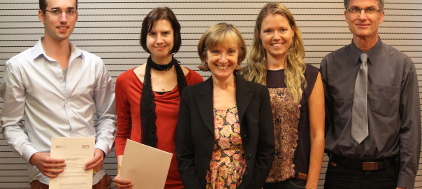 From the left, PhD students Doménique van Gennip and Annemarie Zijlema, Dean of UTS's Graduate Research School Professor Nicky Solomon, Associate Professor Elise van den Hoven from the School of Design and Professor Brombacher. Photo by Clare Donald.